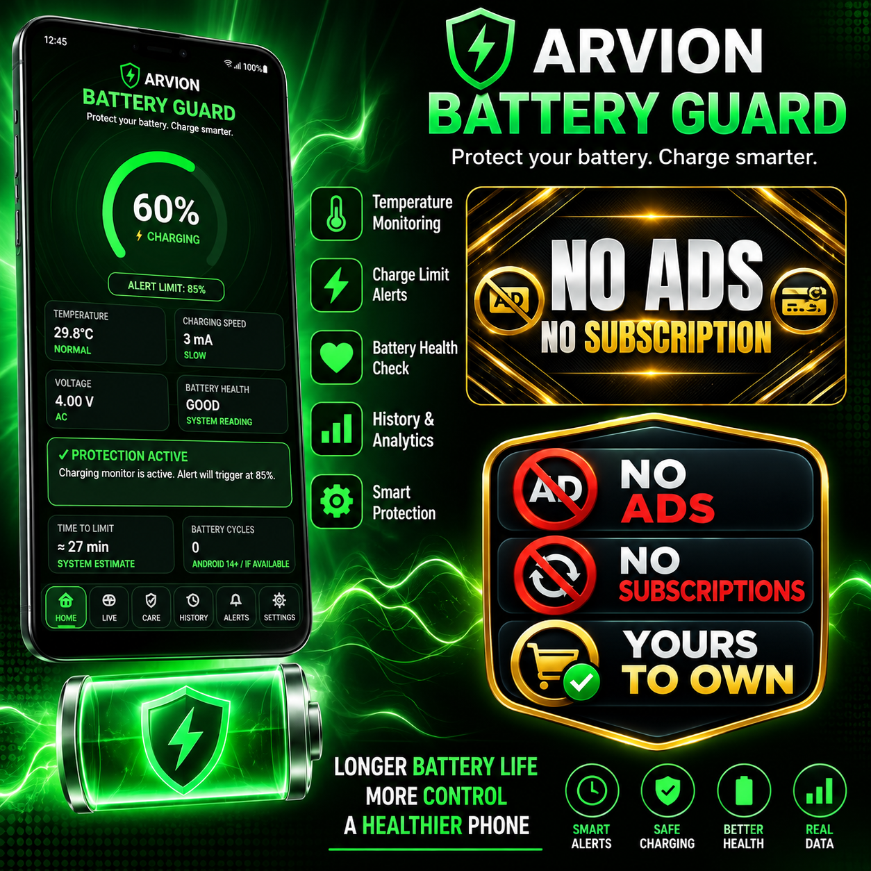 ARVION Battery Guard – Battery monitor, charging power, heat alerts & battery care. No ads. – 1
