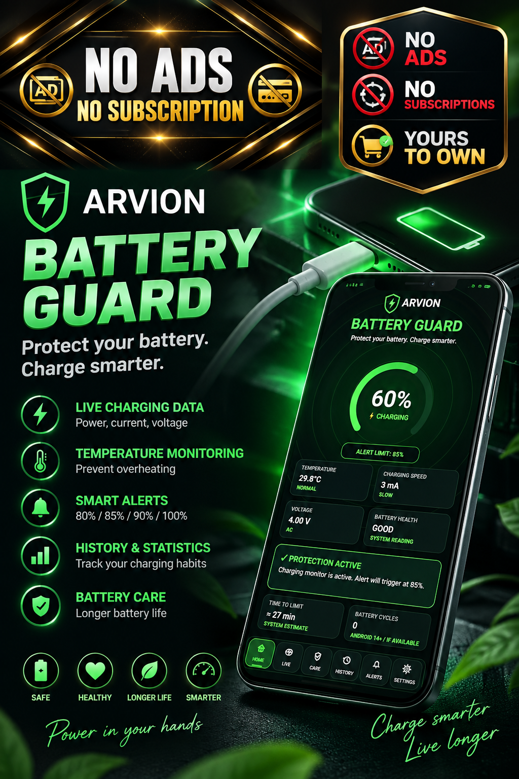 ARVION Battery Guard – Battery monitor, charging power, heat alerts & battery care. No ads. – 6