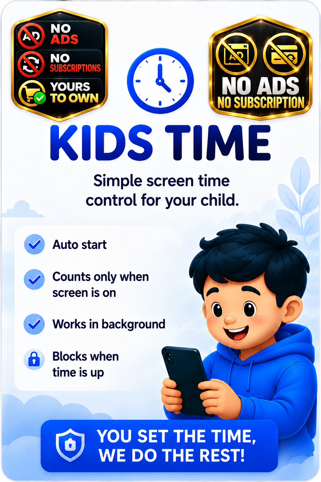 Kids Time – Kids screen time control with parent PIN, daily limits and automatic blocking.